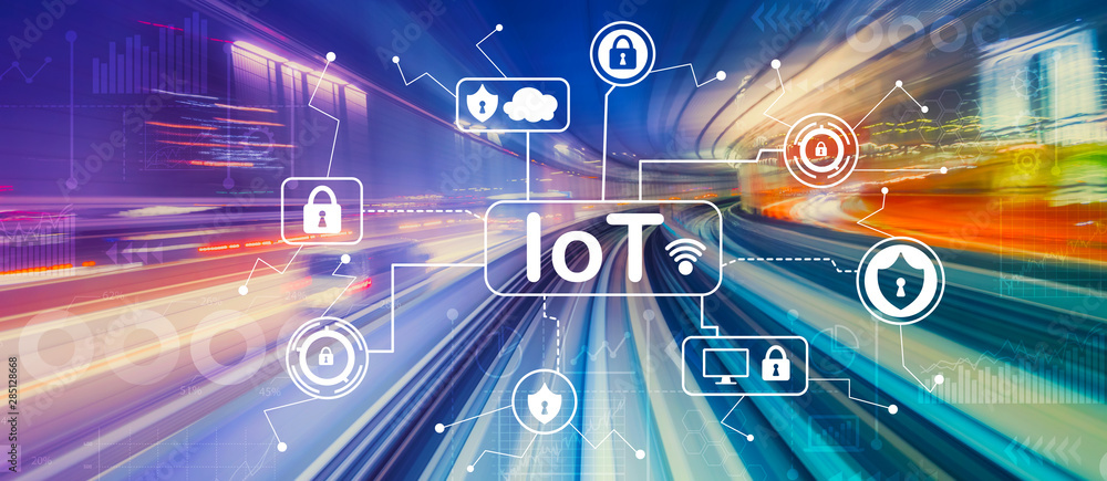Poster iot security theme with abstract high speed technology pov motion blur