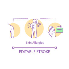 Skin allergies concept icon. Contact dermatitis, hives, rush idea thin line illustration. Sunlight, food, medication, beauty product allergic reaction. Vector isolated outline drawing. Editable stroke