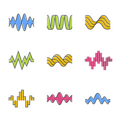 Sound waves color icons set. Music rhythm, heart pulse. Audio waves, sound recording and radio signals logotype. Digital waveforms, abstract soundwaves, amplitude. Isolated vector illustrations