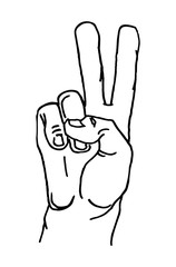 Male hand sign show sign victory or peace. Vector black vintage illustration