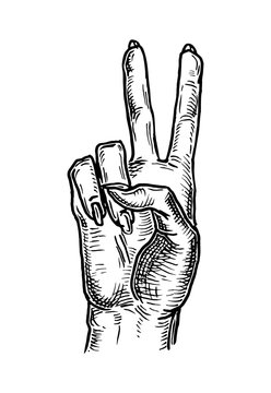 Female hand sign show sign victory or peace sign. Vector black vintage engraving