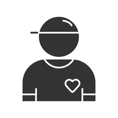 Volunteer glyph icon. Charity organization member. Social projects follower. Humanitarian program assistant. Volunteering participant. Silhouette symbol. Negative space. Vector isolated illustration