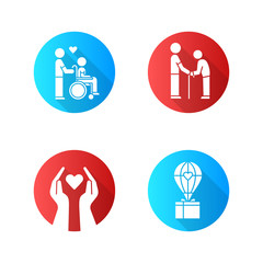Volunteering flat design long shadow glyph icons set. Charity project, disabled and elderly people help, humanitarian assistance. Community service help. Vector silhouette illustration