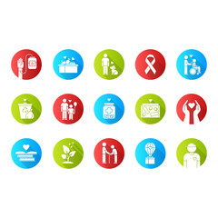 Volunteering flat design long shadow glyph icons set. Reliance on volunteers in problem solving. Social activity. Community service help. Vector silhouette illustration