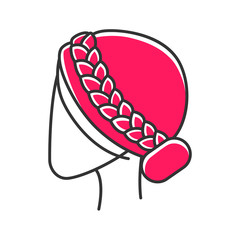 Woman hairstyle color icon. Professional hairstyling. Female head with braided hair. Hairdresser services. Barbershop maintenance. Hair care. Isolated vector illustration