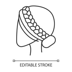 Woman hairstyle linear icon. Professional hairstyling. Female head with braided hair. Hairdresser services. Thin line illustration. Contour symbol. Vector isolated outline drawing. Editable stroke