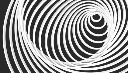 Spiral geometric background. Abstract monochrome twisted wallpaper. Black and white circular curve lines. 3d rendering. Futuristic optical illusion swirl.