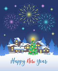 Happy New Year. Festive fireworks in the night sky over the winter village and Christmas tree. Vector illustration.