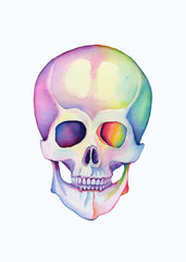 Beautiful hand drawn watercolor rainbow skull isolated on white background