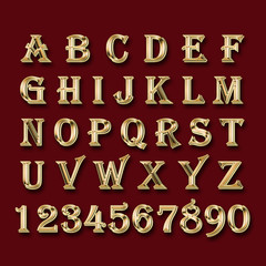 Golden alphabet and numbers on a red background.