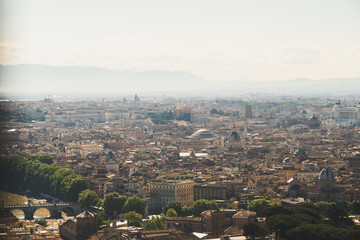 Panoramic view of Rome from the top of St Peter's Basilica roof. Famous touristic european attraction. Italy, Europe