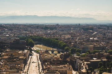 Panoramic view of Rome from the top of St Peter's Basilica roof. Famous touristic european attraction. Italy, Europe