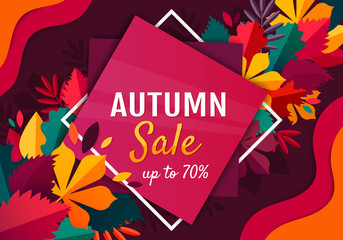Autumn Sale Design with Falling Leaves and Lettering. Vector Illustration with Typography Elements for Coupon, Voucher, Banner, Flyer, Promotional Poster