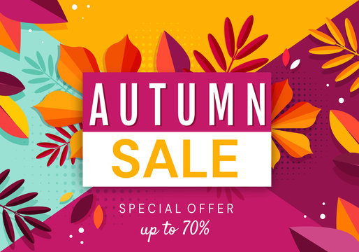 Autumn sale banner background with fallen leaves. Vector illustration