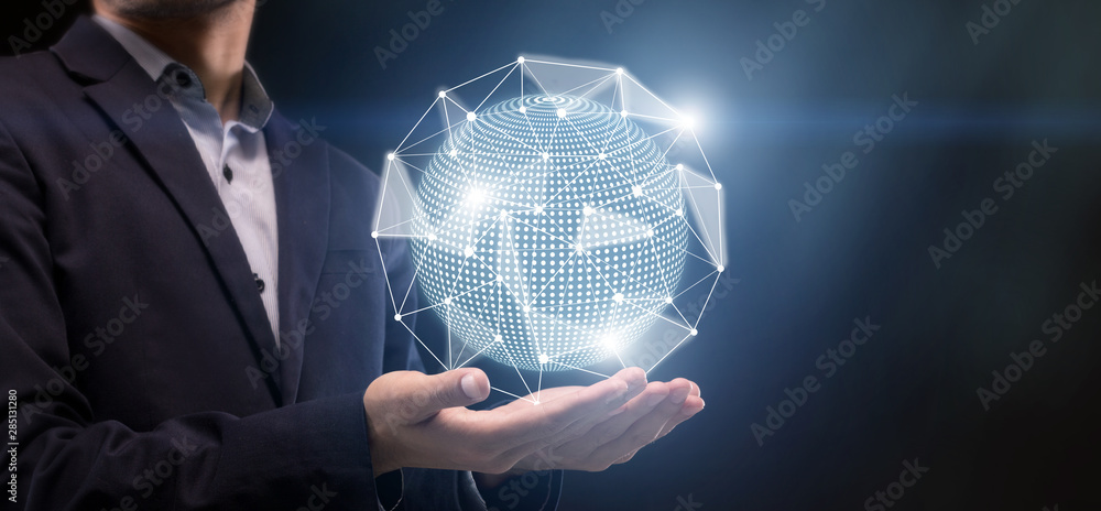 Poster 3D World with dots connections on man palm for searching
