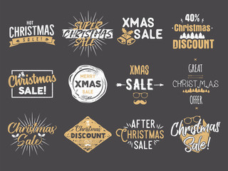 Merry Christmas sale overlays. New Year discounts quotes set. Funny xmas typography arts. Trending colors. Stock illustration isolated on dark background