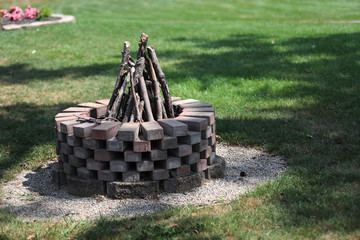 A homemade fire pit using bricks