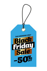 Blue tag black friday sale with 50 percent discount. Vector illustration
