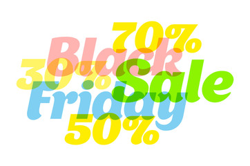 Color banner Black Friday sale poster on a white background. Discounts of 30, 50, 70 percent. Template for website, brochure or card. Vector illustration