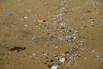 Microplastics debris on a beach.