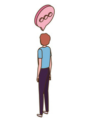 man of back position with speech bubble on white background