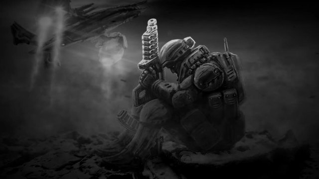 Soldier of future sits with large plasma gun in dark. Space ship launch from battlefield background. Science fiction character animation. Black and white color.