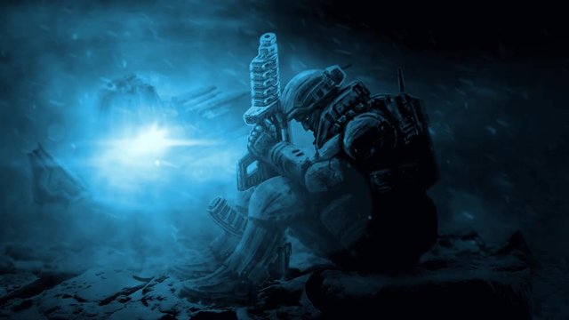 Sci-fi soldier 2D animation. Fantastic  warrior sits on wreckage leaning on rifle. Heavy space marine awaits evacuation by space shuttle. War of future on hostile alien planet. Video in cold colors. 