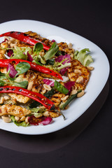 Mexican salad with hot pepper chiken fillet lettuce on plate