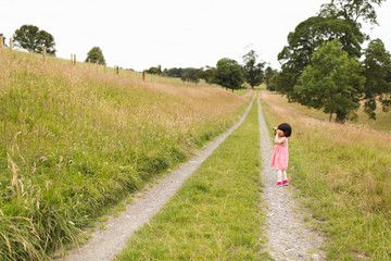toddler girl playing exploration  at sunny summer countryside,Northern Ireland