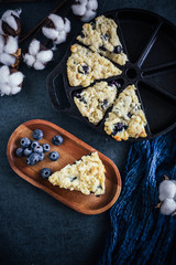 Cast iron blueberry scones, flat lay