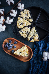 Cast iron blueberry scones, flat lay