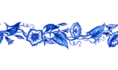Seamless bindweed border, watercolor illustration in cobalt colors in the Dutch style, in the style of oriental painting, Gzhel.