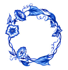 Round frame of bindweed, watercolor illustration in cobalt colors in the Dutch style, in the style of oriental painting, Gzhel.