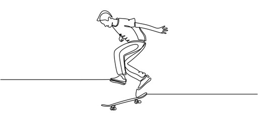 Skateboard game player continuous one line drawing. Skaters showing skills sport theme lineart. Editable stroke vector illustration isolated on white background. © ngupakarti