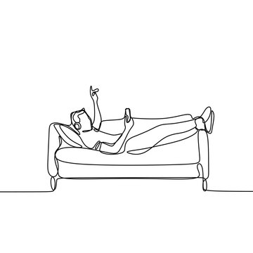 recommend clip art: Draw one continuous line of a man playing smartphone and listening music with earphone on a couch while lying down