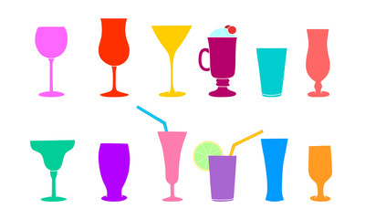 Silhouettes of cocktail, wine or champagne glasses. Cocktail straw. Vector set