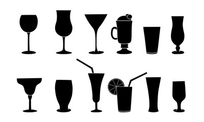 Silhouettes of cocktail, wine or champagne glasses. Cocktail straw. Vector set