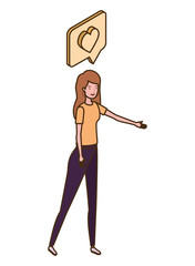 woman standing with speech bubble on white background