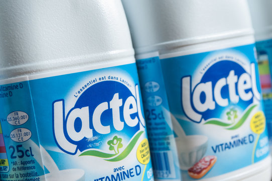  closeup of milk bottles of Lactel brand - Lactel is the french brand from Lactalis France, the leader of dairy products victim of contamination with bacteria