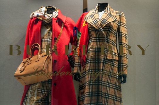 Burberry stre showroom with winter clothes on mannequin