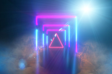  Futuristic Sci Fi Elegant Modern Neon Glowing Rectangle Frame Shaped   Lines Colored Lights In Dark Empty Grunge Concrete  Room Background 3D   Rendering