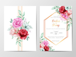 Elegant floral bouquet wedding invitation cards template set with golden decoration