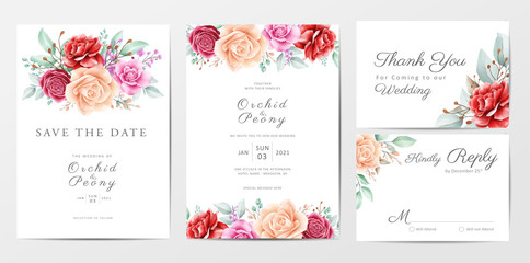 Beautiful flowers wedding invitation cards template set