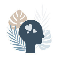 Vector illustration with head and hearts . Illustration with silhouette head palm leaves. Doodle style