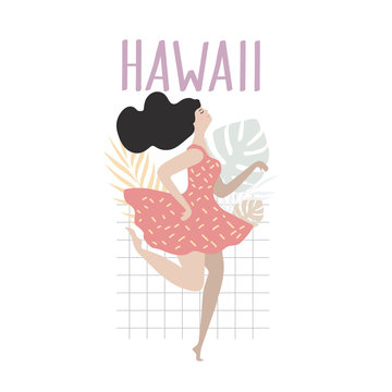 Vector drawing of a dancing girl with tropical leaves and lettering. Flat Illustion by hand in the style of doodle.