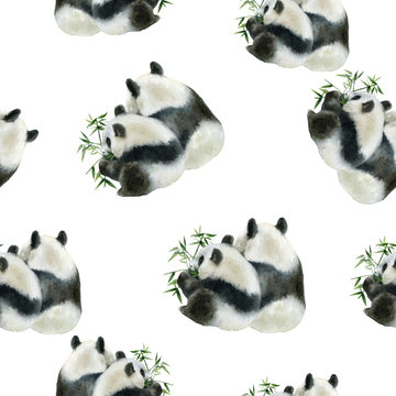 Panda bear drawn watercolor illustration. Seamless pattern.