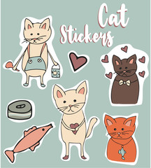 Set of cute cats badges, patches, kids stickers. Vector doodle illustration.