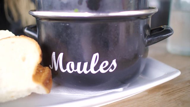  freshly cooked mussels Close up slow motion shot