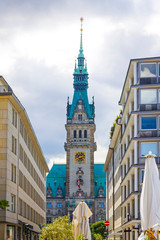 Tower of Hamburg City Hall. Situated on market square (Rathausmarkt). Is the seat of local...