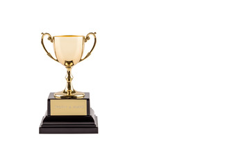 Brass steel trophy, dual handle neo-classic, isolated on white. Trophy is a tangible, durable reminder of a specific achievement, serves as recognition / evidence of merit, awarded for sporting events